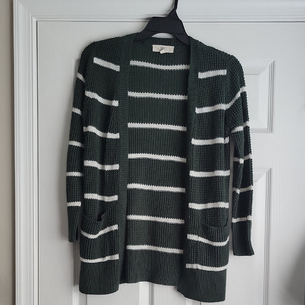 Women's Striped Cardigan Sweater - Dark Green and White